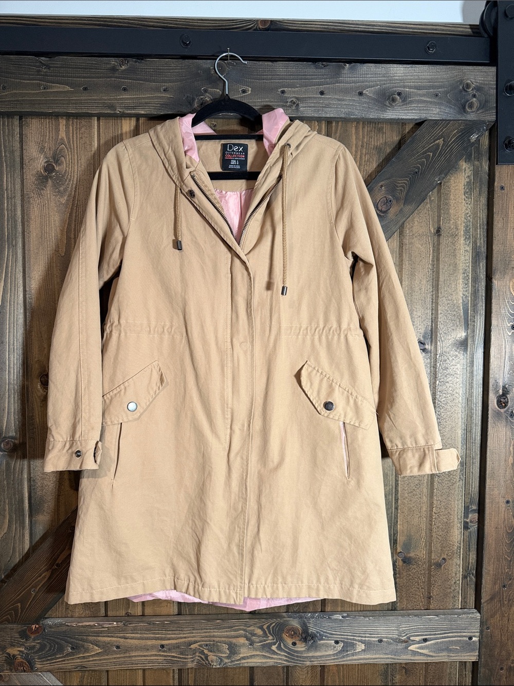 Dex Tan Hooded Trench Coat with Pink Lining (could fit ladies small )